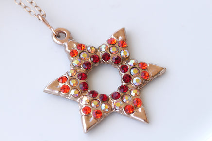 Star of David Necklace, Orange Red Necklace, Hanukkah Gift, Statement Necklace, Jewish Jewelry, Unusual Woman Necklace, Rose Gold Necklace