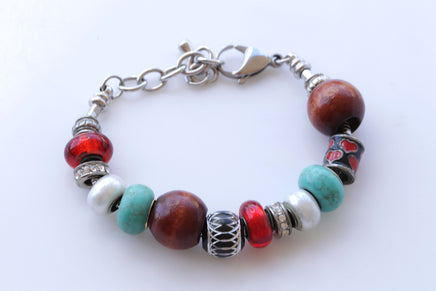 COLORFUL BEADED BRACELET, Wood bracelet, Turquoise Beads Bracelet,Pearls Beaded bracelet,Red White Blue Silver Bracelet, Turquoise and brown