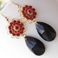 RED BLACK EARRINGS, Red Gold Black Teardrop Earrings, Red Flower Drop Earrings, Dangle Earrings, Gift for Her, Black Dress Unique Earrings
