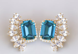 BLUE WEDDING EARRINGS, Bridal Blue Turquoise Earrings, Statement Earrings, Topaz Big Earrings, Cluster Studs,Dark Blue Jewelry,Leaf Earrings