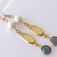 BLUE AND YELLOW Earrings, Pearl Long Earrings, Colorful Dangle Earrings, Bridal Multicolor And Pearl Drop earrings, Navy Blue Gold Earrings