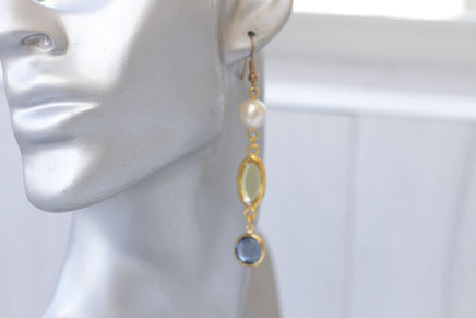 BLUE AND YELLOW Earrings, Pearl Long Earrings, Colorful Dangle Earrings, Bridal Multicolor And Pearl Drop earrings, Navy Blue Gold Earrings