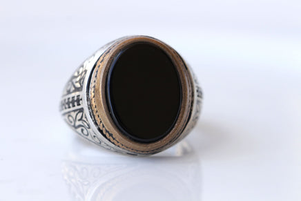 BLACK ONYX RING, Brass And Silver Sterling 925 Jewelry For Men, Christmas Gift For Boyfriend, Ornament Oval Ring, Signet Black Stone Ring