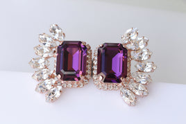 PURPLE WEDDING EARRINGS, Bridal Amethyst Earrings, Statement Earrings, Evening Big Earrings, Cluster Studs,Dark Purple Jewelry,Leaf Earrings