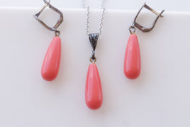 Red Coral Necklace Earrings Set, Silver Sterling 925 Red Pendant Earrings Set, Coral Jewelry Set, Red Gemstone Jewelry,Teardrop Pendant Gift
