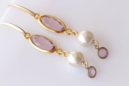 LIGHT AMETHYST EARRINGS, Beads Pearl Long Earrings, Purple Dangle Earrings, Bridal Purple And Pearl Drop earrings,Light Purple Gold Earrings