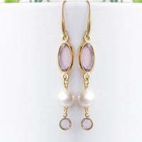 LIGHT AMETHYST EARRINGS, Beads Pearl Long Earrings, Purple Dangle Earrings, Bridal Purple And Pearl Drop earrings,Light Purple Gold Earrings