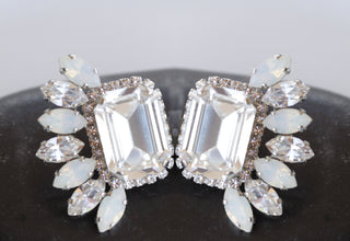 CRYSTALS WEDDING EARRINGS, Bridal White Earrings, Statement Earrings, Clear And Opal Earrings, Cluster Studs, Evening Jewelry, Leaf Earrings