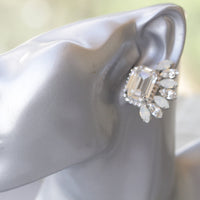 CRYSTALS WEDDING EARRINGS, Bridal White Earrings, Statement Earrings, Clear And Opal Earrings, Cluster Studs, Evening Jewelry, Leaf Earrings