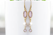 LIGHT AMETHYST EARRINGS, Beads Pearl Long Earrings, Purple Dangle Earrings, Bridal Purple And Pearl Drop earrings,Light Purple Gold Earrings