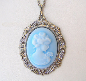 Blue Cameo statement Necklace, Victorian Blue Toggle Cameo Necklace- Women's Jewelry Gift, Antique Cameo Large Pendant Necklace Light Blue