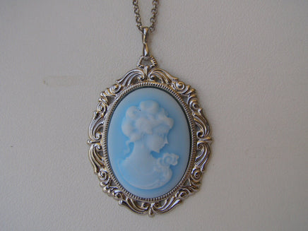 Blue Cameo statement Necklace, Victorian Blue Toggle Cameo Necklace- Women's Jewelry Gift, Antique Cameo Large Pendant Necklace Light Blue