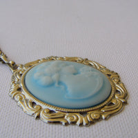 Blue Cameo statement Necklace, Victorian Blue Toggle Cameo Necklace- Women's Jewelry Gift, Antique Cameo Large Pendant Necklace Light Blue
