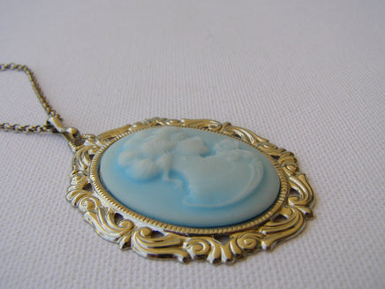 Blue Cameo statement Necklace, Victorian Blue Toggle Cameo Necklace- Women's Jewelry Gift, Antique Cameo Large Pendant Necklace Light Blue