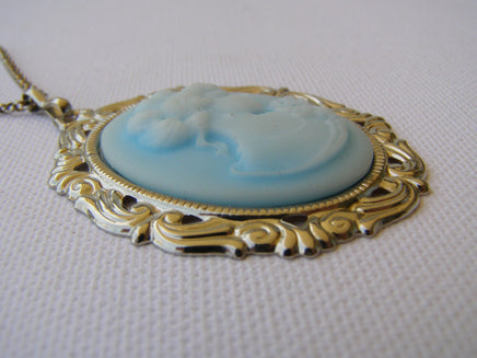 Blue Cameo statement Necklace, Victorian Blue Toggle Cameo Necklace- Women's Jewelry Gift, Antique Cameo Large Pendant Necklace Light Blue