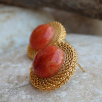 Mineral natural gemstone jewelry.Gold and  red coral stud earrings.Vintage style jewelry. Jewelry set for women. Rose coral natural earrings