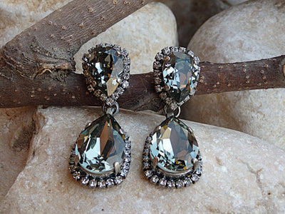 Smokey Grey black diamond  crystal drop earrings, Teardrop earrings, Oxidized Silver earrings,Bridesmaid Stud drop earrings.