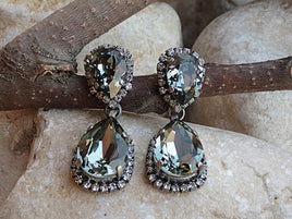 Smokey Grey black diamond  crystal drop earrings, Teardrop earrings, Oxidized Silver earrings,Bridesmaid Stud drop earrings.