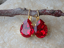 Red Ruby Drop Earrings, Gold Red  Earrings, Red Teardrop Earrings, Wife Crystal Teardrop Earrings, Red Bridesmaid Earrings, Red Jewelry gift