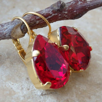 Red Ruby Drop Earrings, Gold Red  Earrings, Red Teardrop Earrings, Wife Crystal Teardrop Earrings, Red Bridesmaid Earrings, Red Jewelry gift