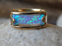 Blue Opal Band Ring, Gold filled Opal Ring, Blue Rectangle Gemstone Ring, Opal Ring, Women&#39;s Signet Ring, Gold Opal Band Ring. Modern ring