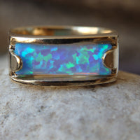 Blue Opal Band Ring, Gold filled Opal Ring, Blue Rectangle Gemstone Ring, Opal Ring, Women&#39;s Signet Ring, Gold Opal Band Ring. Modern ring