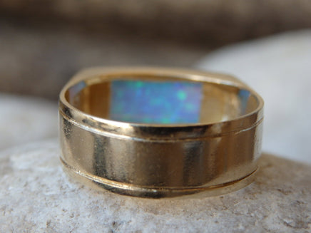 Blue Opal Band Ring, Gold filled Opal Ring, Blue Rectangle Gemstone Ring, Opal Ring, Women&#39;s Signet Ring, Gold Opal Band Ring. Modern ring