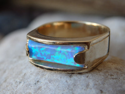 Blue Opal Band Ring, Gold filled Opal Ring, Blue Rectangle Gemstone Ring, Opal Ring, Women's Signet Ring, Gold Opal Band Ring. Modern ring