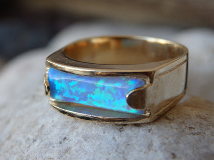 Blue Opal Band Ring, Gold filled Opal Ring, Blue Rectangle Gemstone Ring, Opal Ring, Women&#39;s Signet Ring, Gold Opal Band Ring. Modern ring