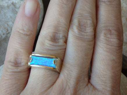 Blue Opal Band Ring, Gold filled Opal Ring, Blue Rectangle Gemstone Ring, Opal Ring, Women&#39;s Signet Ring, Gold Opal Band Ring. Modern ring