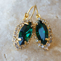 Clear Emerald Drop Earrings. Halo Emerald Green Earrings. Bridal Emerald Earrings. Oval Crystal Earrings. Green Crystal Rhinestone Earrings