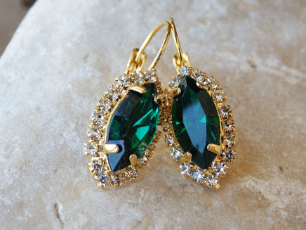 Clear Emerald Drop Earrings. Halo Emerald Green Earrings. Bridal Emerald Earrings. Oval Crystal Earrings. Green Crystal Rhinestone Earrings