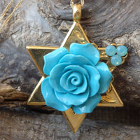 Flower Star of David Gold Necklace, Coral Rose Pendant, Gold and Turquoise Necklace, Gold Magen David Necklace, Turquoise Coral Necklace