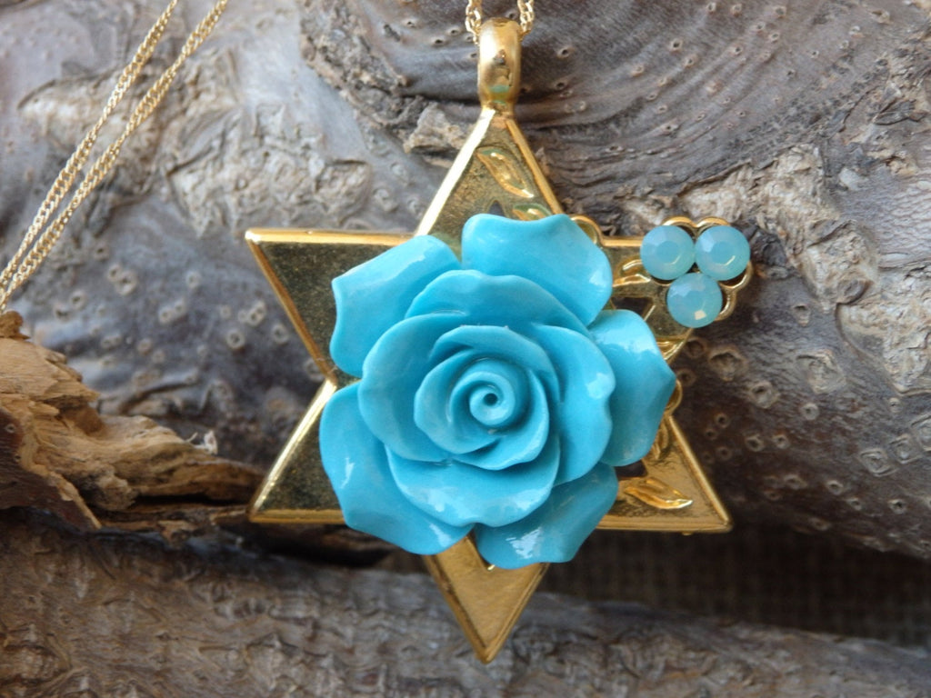 Flower Star of David Gold Necklace, Coral Rose Pendant, Gold and Turquoise Necklace, Gold Magen David Necklace, Turquoise Coral Necklace