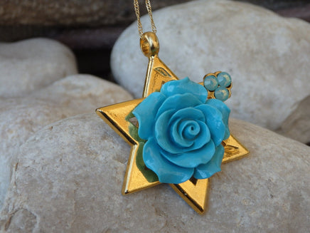 Flower Star of David Gold Necklace, Coral Rose Pendant, Gold and Turquoise Necklace, Gold Magen David Necklace, Turquoise Coral Necklace