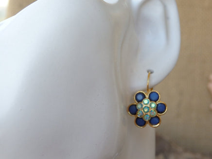 Blue Flower Drop Earrings. Navy Blue  Earrings. Blue Gold Crystal Earrings. Bridesmaids gift. Gold or Silver Flower Earrings, Gift For Woman