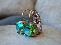 Green Blue Rhinestone AB  Earrings. Green Drop Earrings. Rose Gold Green Earrings. Halo Crystal Women Earrings. Small Gold Earrings