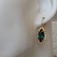 Clear Emerald Drop Earrings. Halo Emerald Green Earrings. Bridal Emerald Earrings. Oval Crystal Earrings. Green Crystal Rhinestone Earrings