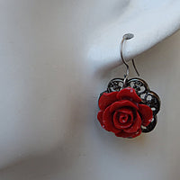 Coral earrings. Vintage red earrings. Antique earrings. Rose romantic earrings. Red flower earrings. Blooming drop earrings. Rose earrings