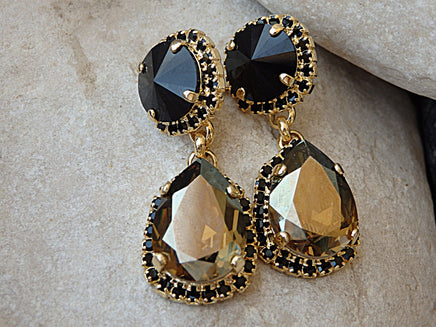 Black Evening Chandelier Earrings, Bronze Black  Earrings, Black Teardrop Mother Of Groom Earrings, Cocktail Black Stud Drops