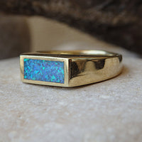 Rectangle Opal Ring, Gold Fire Opal Signet Ring, Blue Opal Signet Ring, Blue Gemstone Ring, Opal Goldfilled Ring, Men Women Gold Signet Ring