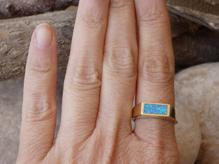 Rectangle Opal Ring, Gold Fire Opal Signet Ring, Blue Opal Signet Ring, Blue Gemstone Ring, Opal Goldfilled Ring, Men Women Gold Signet Ring