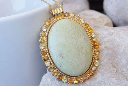 Jasper Pendant Necklace. Statement Gemstone Necklace. Mineral Gemstone And Rebeka Necklace. Yellow Stone Necklace. Big Gold Pendant.