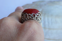 Ladies Jewelry. Coral Natural Silver Sterling 925 Ring. Red Coral Ring. Filigree Crown Silver Ring. Red Stone Ring. Etnhic Boho Coral Ring.