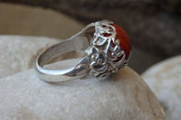 Ladies Jewelry. Coral Natural Silver Sterling 925 Ring. Red Coral Ring. Filigree Crown Silver Ring. Red Stone Ring. Etnhic Boho Coral Ring.