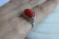 Ladies Jewelry. Coral Natural Silver Sterling 925 Ring. Red Coral Ring. Filigree Crown Silver Ring. Red Stone Ring. Etnhic Boho Coral Ring.