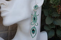 Large Long Emerald Rebeka Earrings. Statement Green Earrings. Mother Of Bride Chandelier Earrings. Unusual Estate Hollywood Earrings