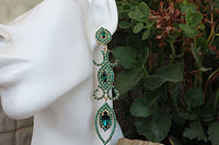 Large Long Emerald Rebeka Earrings. Statement Green Earrings. Mother Of Bride Chandelier Earrings. Unusual Estate Hollywood Earrings