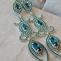 Large Long Emerald Rebeka Earrings. Statement Green Earrings. Mother Of Bride Chandelier Earrings. Unusual Estate Hollywood Earrings