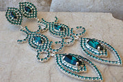 Large Long Emerald Rebeka Earrings. Statement Green Earrings. Mother Of Bride Chandelier Earrings. Unusual Estate Hollywood Earrings
